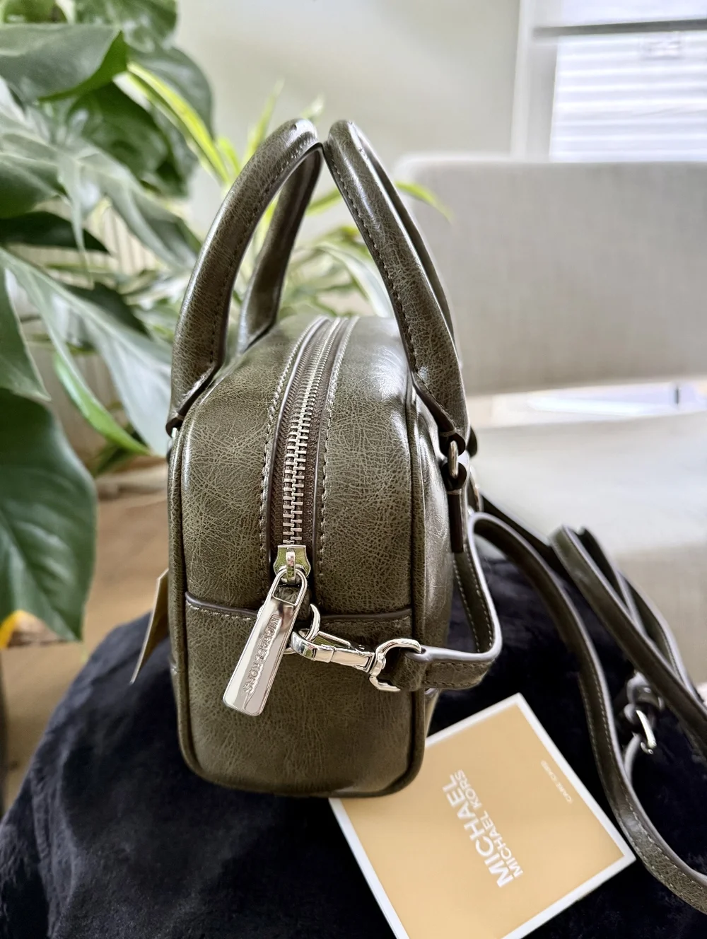 Michael Kors Olive Green Leather Satchel with MK Charm